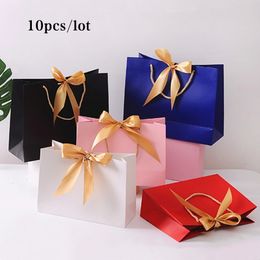 Luxury Gift Bag Box Bow Ribbon Black Simple Paper Gift Bag Kraft Paper Candy Box with Handle Wedding Birthday Gift Package 210325