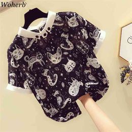 Plus Size S-4XL Chiffon Blouse Women Casual Loose S Sleeve Tops Shirt Cute Kawaii Cat Print Blusas Mujer 210519