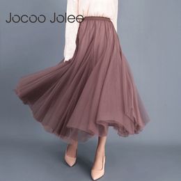 Women Spring Autumn Solid Gauze Mesh High Waist Slim Long Skirt Sweet Pleated A-line Ball Gown Elegant Casual 210428