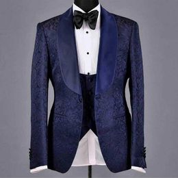 Navy Blue Floral Jacquard Groom Tuxedo for Wedding Slim fit 3 piece Men Suit Jacket Waistcoat with Black Pants Man Fashion 2020 X0909