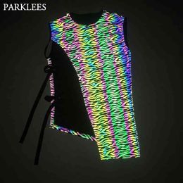 Sexy Tiger Pattern Reflective Vest Male Hip Hop Asymmetrical Design Fluorescent Waistcoat Men Harajuku Belt Shiny Vests 210522