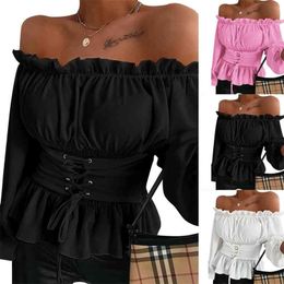 Slash Neck Women Shirt And Blouses Long Sleeve Ruffle Corset Ladies Tops Blouses Autumn Spring White Black Pink Female Shirt D25 210323