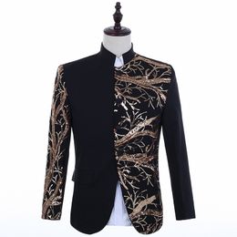 Fashion Sequin Patchwork Suit Jacket Men Brand Stand Collar Single Breasted Blazer Male Wedding Groom Party Prom Costumes 210522