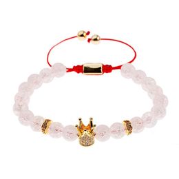Men's And Women's Fashion Adjustable Bracelets Alabaster Beaded Gold Color Crown Copper Inlaid Zircon Decorative Bracelet