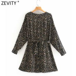 Zevity Women Vintage O Neck Leopard Print Sashes Mini Dress Female Batwing Sleeve Casual Slim Chic A Line VestidoDS4722 210603