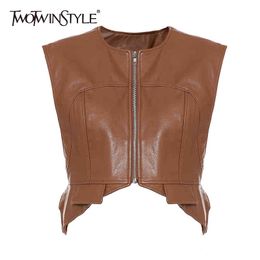 Vintage PU Leather Short Tops O Neck Sleeveless Irregular Temperament Vest Female Fashion Clothing Autumn 210524