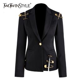 TWOTWINSTYLE Loose Fit Black Hollow Out Pin Spliced Jacket Blazer Lapel Long Sleeve Women Coat Fashion Autumn Winter 211112