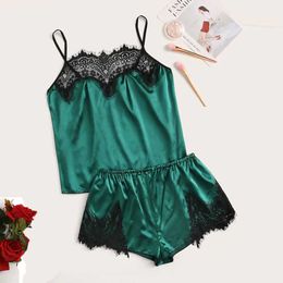 2pcs Sexy Lingerie Pyjama Set Black Lace Sling Large Sizes Summer Sleeveless Green Pijama Women's Sleepwear Outfits Q0706