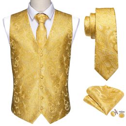 Men's Vests Barry.Wang 8 Colours Men Suit Vest Yellow Paisley Waistcoat Silk Tailored Collar V-neck Cheque Tie Set Formal Leisure M-2049