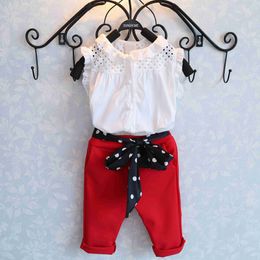 girls summer clothes clothing set Leisure Style Children's Clothing White T-Shirt + Red Pants toddler outfits 210515