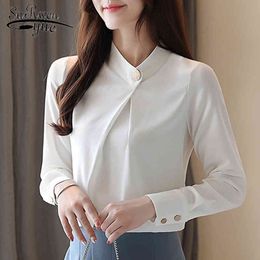 Spring Long Sleeve Stand Collar Elegant Chiffon Blouse White Women Solid Color Loose Slim Lady's Shirt 9041 50 210427