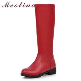 Riding Boots Women Shoes Platform Mid Heel Knee-High Round Toe Chunky Heels Long Female Black Red Size 43 210517