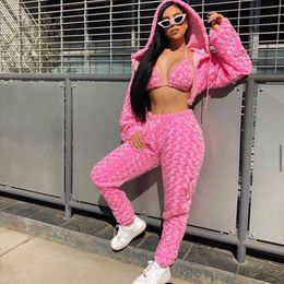 Women Tracksuit Rose Velvet 3 Piece set Tops pants bra Tracksuits womens Sweet Sexy Slim Long Sleeved Hooded Zipper Suits Fashion clothes clothing