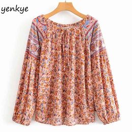 Vintage Women Floral Print Blouse Long Sleeve Lace Up O Neck Casual Summer Boho Top blusas DWDD87177 210514