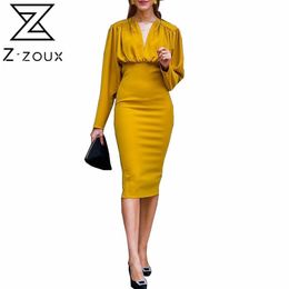 Women Dress V-neck Long Sleeve Yellow Vintage Dresses Plus Size Sexy Summer Clothes 210513