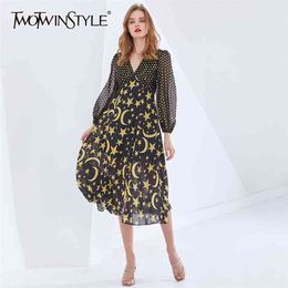 Casual Hit Colour Midi Dress For Women V Neck Long Sleeve High Waist Print Dresses Female Fashion Clothes Spring 210520