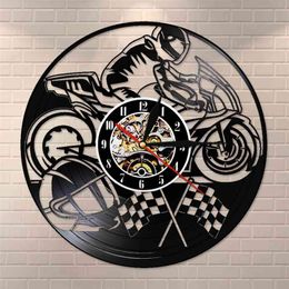 Motorcycle Vinyl Record Wall Clock Motorbike Decorative Clock Motorcyclist Racer Riders Gift Home Art Modern Wall Hanging Decor 210325