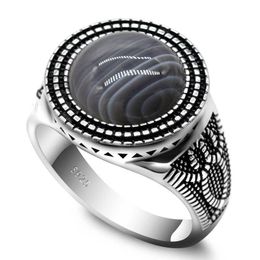 925 Sterling Silver Men with Round Natural Agate Stone Retro Side Fish-shaped Thai Ring and Women Turkish Jewelry