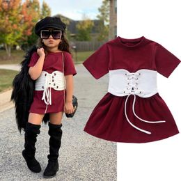 1-6Y Toddler Baby Girls Dress+Belt 2pcs Solid Short Sleeve Knee Length A-Line Dress Fashion Outfits Q0716