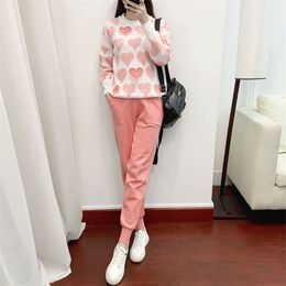 Autumn Sweet Love Print Beads Pullover Top Sweater + High Waist Double Pockets Knitted Pants Two-Piece Set for Women 210520