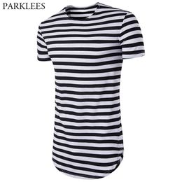 Striped Longline T Shirt Men Summer New Short Sleeve Extra Long Mens T Shirts Hip Hop Hi Street Tops Tees Camisetas Hombre 210324