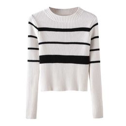 PERHAPS U Women Khaki White Black Striped O Neck Long Sleeve Knitted Top Autumn Winter Tight Bodycon B0215 210529