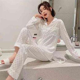 Pajamas Spring / Summer Sleepwear Autumn Ice Silk Long Sleeve Trousers Suit women's nightwear White plaid Pyjamas Set 210809