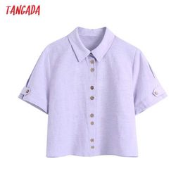 Tangada Women Retro Purple Crop Shirt Peter Pan Collar Chic Female High Street Shirt Tops BE734 210609