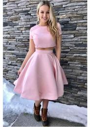 Two Pieces Round Neck Pink prom dress short sleeves Satin Homecoming Dresses with Pockets vestidos fiesta gowns for women party wear graduation gown