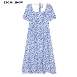 Vintage France Style Elegant Blue White Floral Print Retro Dresses Slim Short Sleeve Ruffles Midi Women 210429