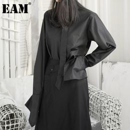 [EAM] Women Black Tie Long Big Size Blouse Lapel Long Sleeve Loose Fit Shirt Fashion Spring Autumn 1DD6140 21512