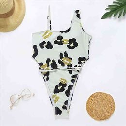Sexy Leopard Swimsuits For Female Shoulder Women Swimwear Push Up Bathing Suits Bodysuits Beach Wear Bodysuit 210520