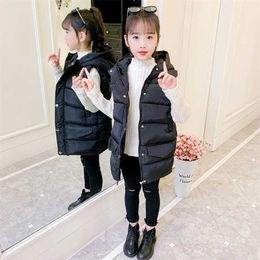 Autumn Winter Children Mid-length Sleeveless Down Cotton Jacket Kids Casual Hooded Waistcoat Girls Thick Warm Long Vest Outwear 211203