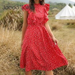 Jocoo Jolee Summer Dot Print Ruffles Red Dress Casual Butterfly Sleeve A Line Chiffon Dress Elegant Elastic Waist Midi Sundress 210619