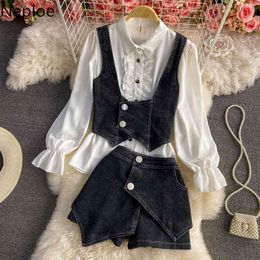 Neploe Women Three Pieces Sets Puff Sleeve White Blouse Denim Vest Irregular Jeans Short Korean Chic Suits New Femme Roupas 210422