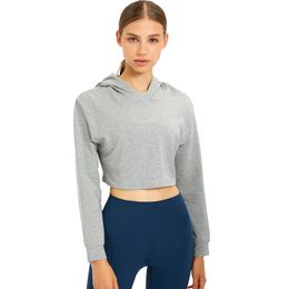 L016 Relaxed Fit Cropped Hoodies Yoga Top Sexy Running Sports Jacket Long Sleeve Shirts Outdoor Sweatshirts Autumn and Winter Training Tops Waist Length Workout Tee