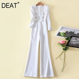 [DEAT] V-neck Collar Long Sleeve Solid White Metal Double Breasted Trumpet Full Pants Jumpsuit Mall Goth Spring GX427 210428