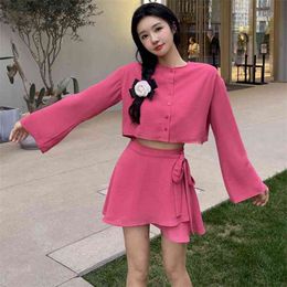vetement femme Cute Sweet Two Piece Set Women Crop Top + Mini Skirt Suits Summer Fashion Female 2 ensemble 210514