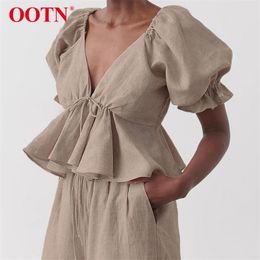 OOTN Khaki Linen Women Blouse Vintage Summer Shirt Deep V Neck Female Ruffle Top Lace Up Backless Sexy Peplum Shirt Puff Sleeve 210317