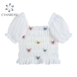 Butterfly Patchwork White Bodycon Crop Blouses Women Summer Puff Short Sleeve Slash Neck Sexy Shirts Elegant Rok Sweet Tops 210515