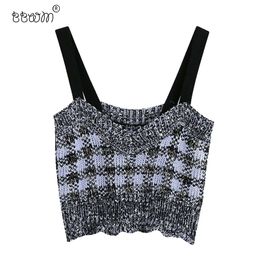 BBWM Women Sweet Fashion Patchwork Plaid Cropped Knitted Camis Top Vintage Backless Wide Straps Tops Female Chic Camisole 210520
