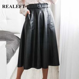 REALEFT Autumn Winter Faux PU Leather Mi-long Skirt with Belted High Waist Vintage Mid-calf Chic Umbrella A-Line Skirts 211120