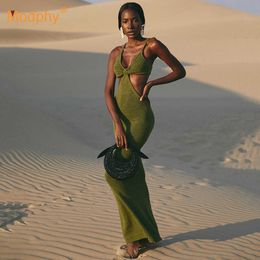 Army Green Bandage Long Dress Sexy Sleeveless Hollow Bodycon Celebrity Evening Party Spaghetti Vestidos 210527