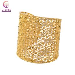 Gold Color Wide Bridal Hand Bangle Hollow Design Open Cuff Bracelet Arabic Luxury Bridal Jewelry Moroccan Jewelry