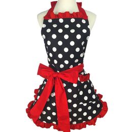 Lovely Retro Aprons for Women Apron Kitchen Barista Cute Bowknot with Pockets Adjustable Cotton Sexy Polka Dot Delicate Hemline 210622