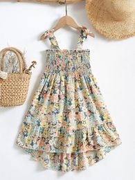 Toddler Girls Allover Floral Print Shirred Bow Shoulder Ruffle High Low Cami Dress SHE