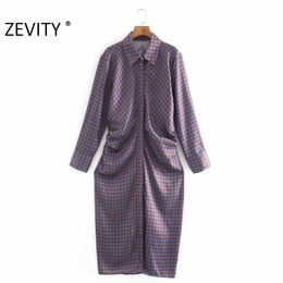 Zevity Autumn Women Vintage Geometric Printing Side Pleated Shirt Dress Ladies Chic clothing Long Sleeve Business Vestido DS4543 210603