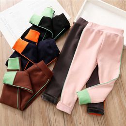 Winter Warm 2 3 4 6 8 10 Years Children Color Patchwork Thickening Plus Velvet Pencil Pants Trousers For Kids Baby Girls 210529