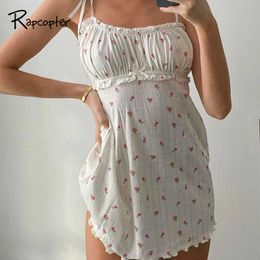 Rapcopter Small Floral Printed Women Casual DrRuched Beach Style Ladies Mini Dresses Sexy BacklParty Clubwear Streetwear X0529