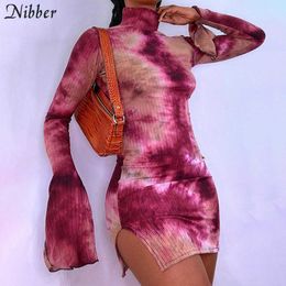 Nibber Tie-Dye Printing Petal Sleeve Half-High Collar Women's Dresses Sexy Casual Elastic Tight Street Colourful Bodycon Y0823